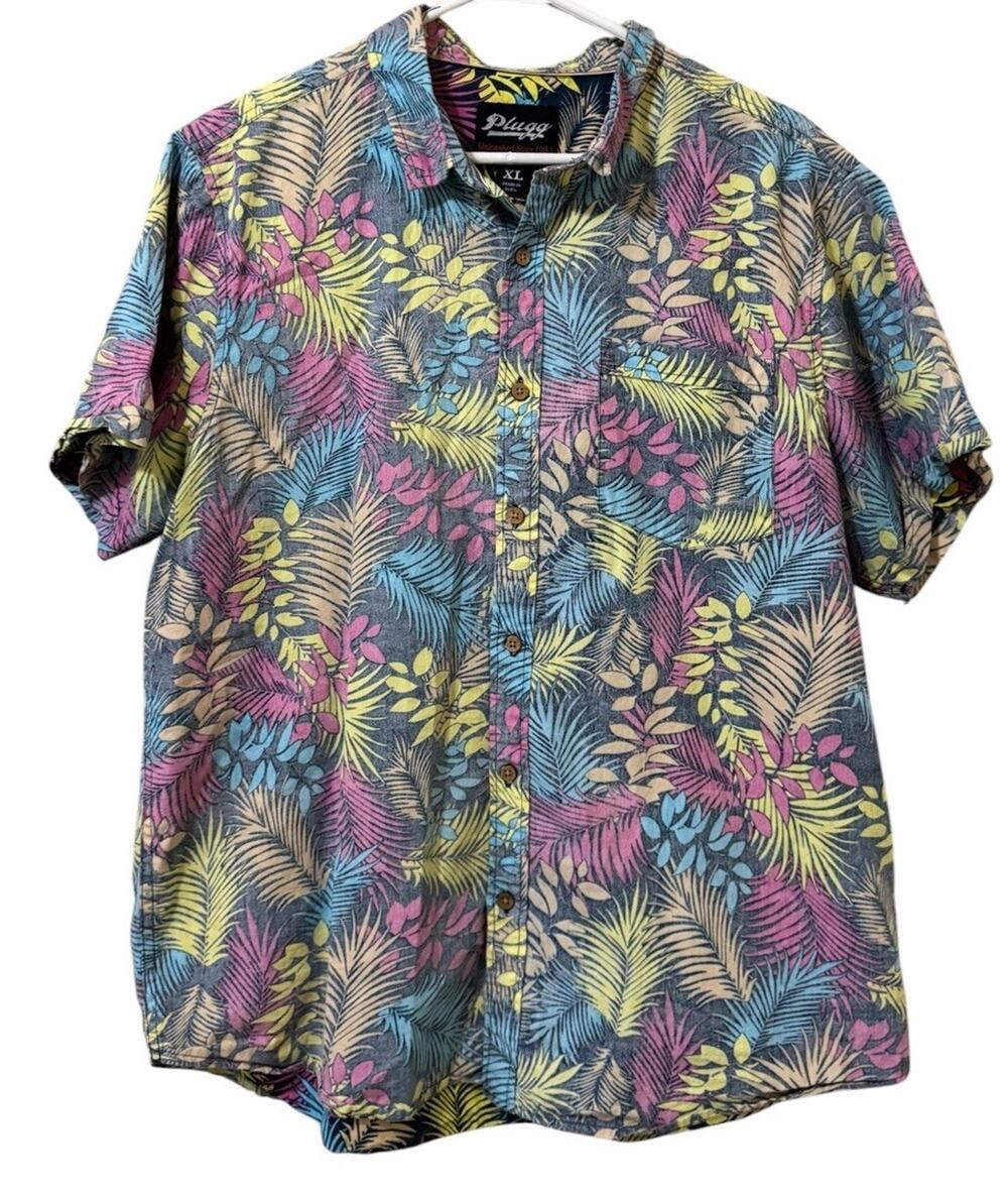 Plugg Men Size XL Short Sleeve Button Down Shirt Cotton Hawaiian Preppy Tropical